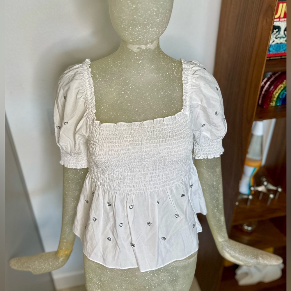 Hill House White Square Neck Puff Sleeve Embellished Top. Size Medium - Picture 3 of 11